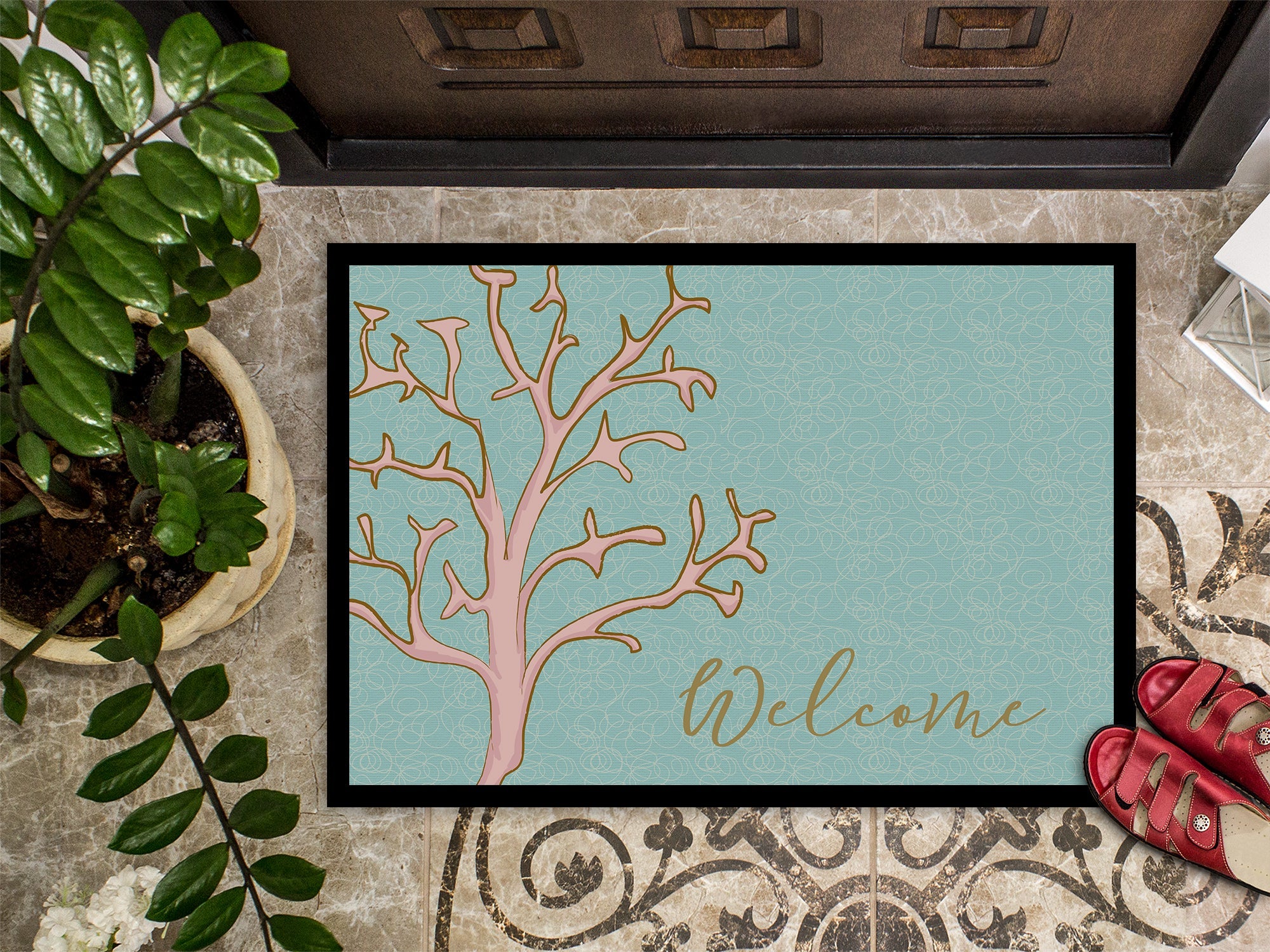 Coral Welcome Doormat Indoor Outdoor 24H X 36W Front Door Mat Rugs for Entryway, Non Slip Washable Low Pile,