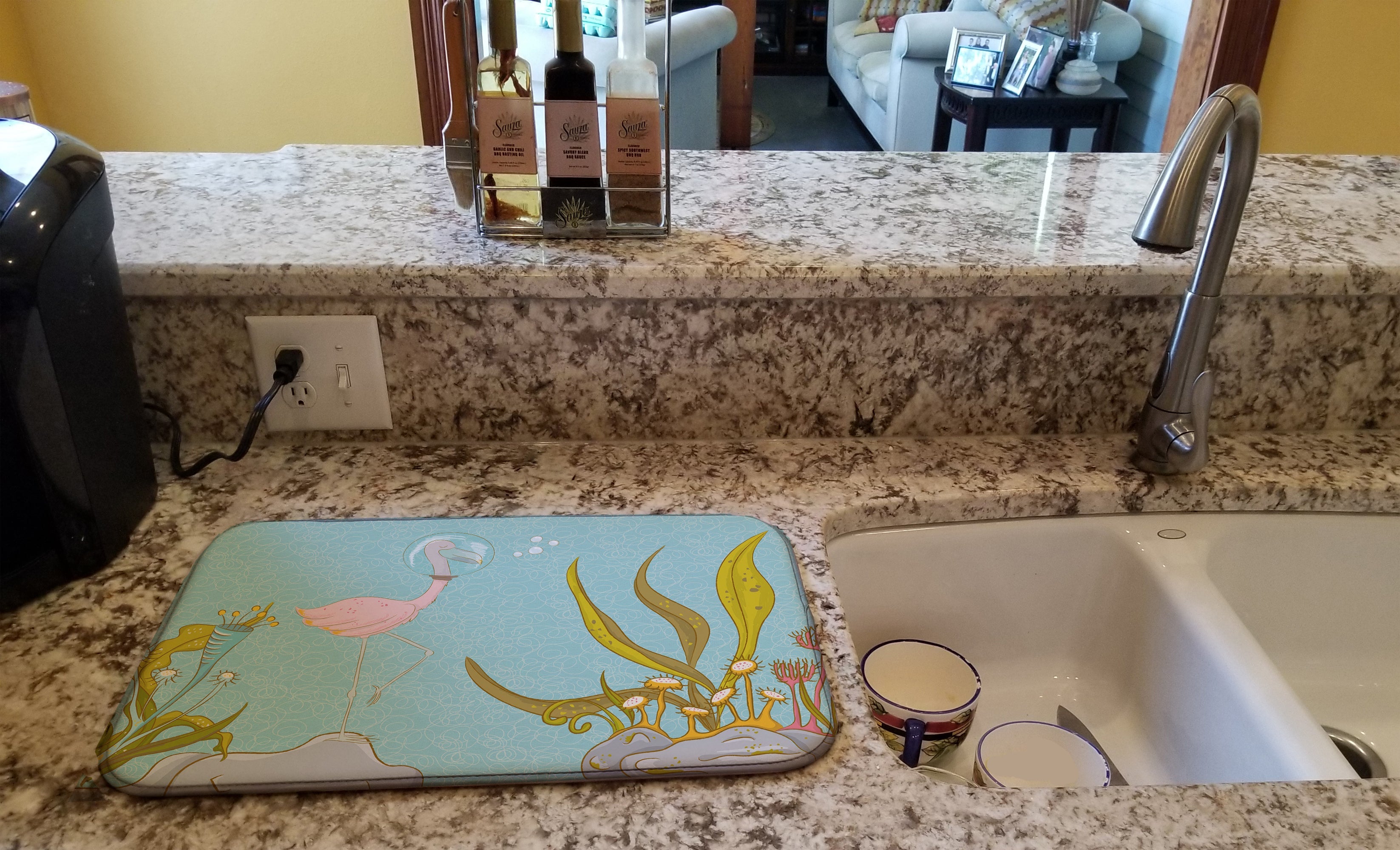 Flamingo Underwater #2 Dish Drying Mat Absorbent Dish Drying Mat Pad for Kitchen Counter Dish Drainer Mat for Countertop, 14 x 21", Multicolor