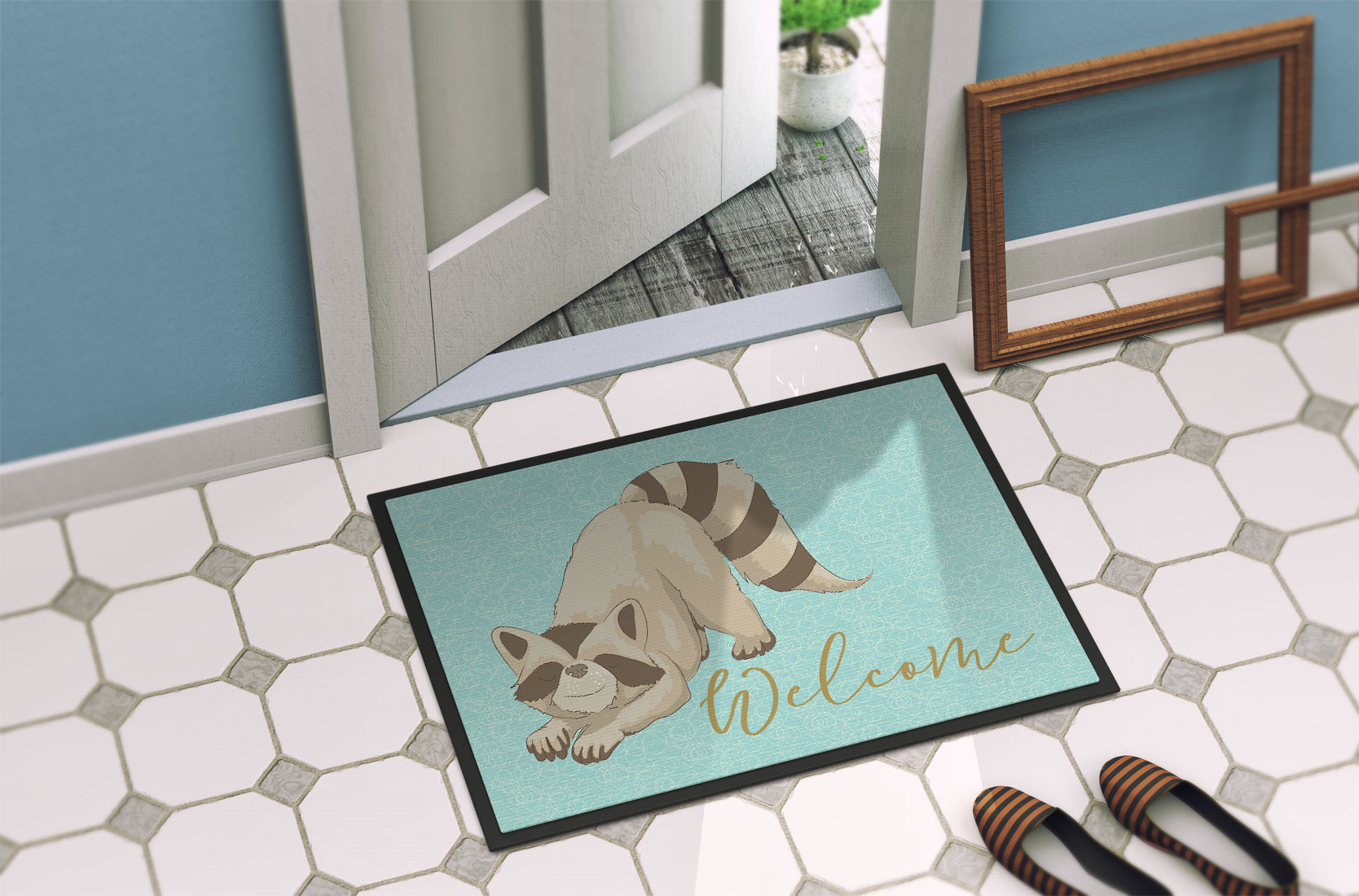 Raccoon Welcome Doormat Indoor Outdoor 24H X 36W Front Door Mat Rugs for Entryway, Non Slip Washable Low Pile,