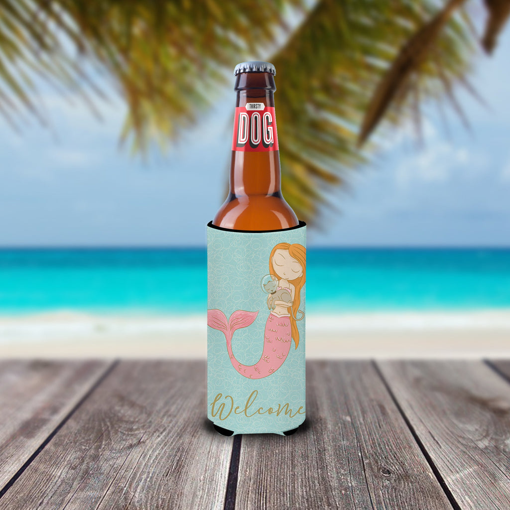 Mermaid with Cat Slim Can Hugger , Insulated Foam Hugger for 12 oz Slim Cans, Beer Bottles & Water Bottles, Printed in USA