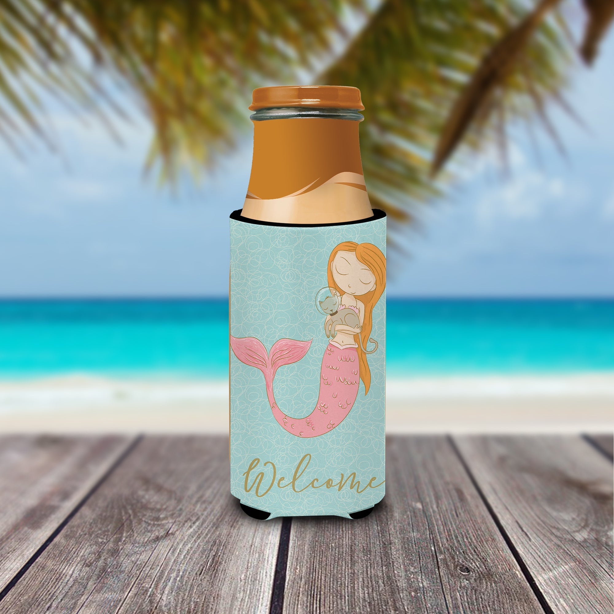 Mermaid with Cat Slim Can Hugger , Insulated Foam Hugger for 12 oz Slim Cans, Beer Bottles & Water Bottles, Printed in USA