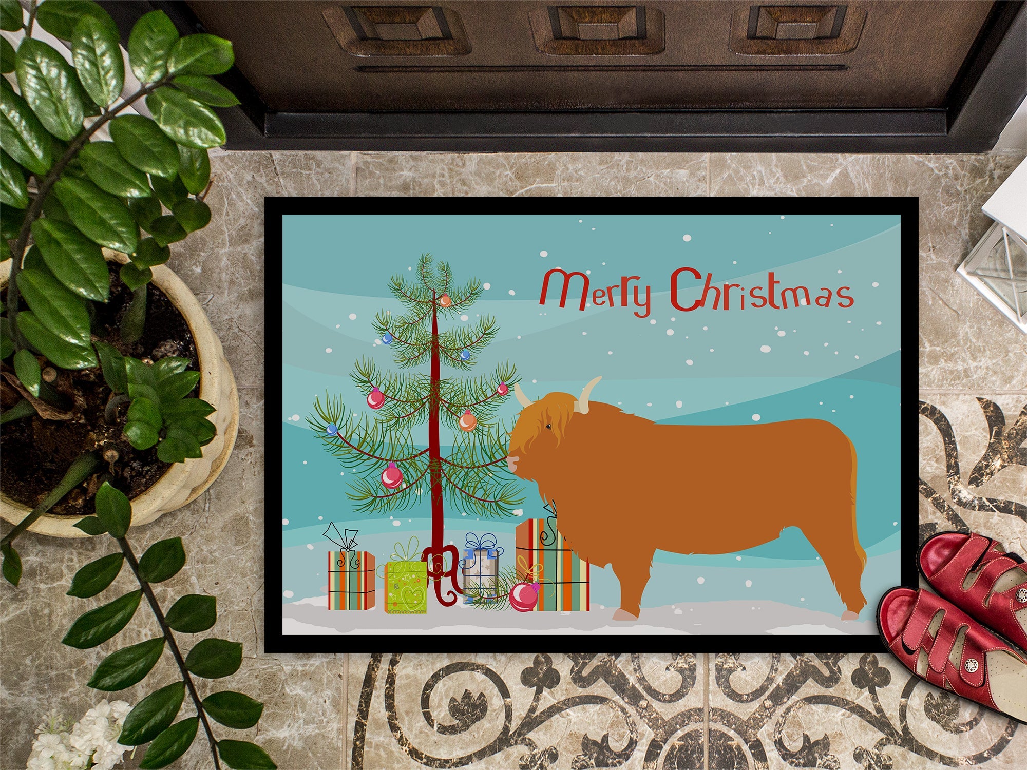 Highland Cow Christmas Doormat Indoor Outdoor 24H X 36W Front Door Mat Rugs for Entryway, Non Slip Washable Low Pile,