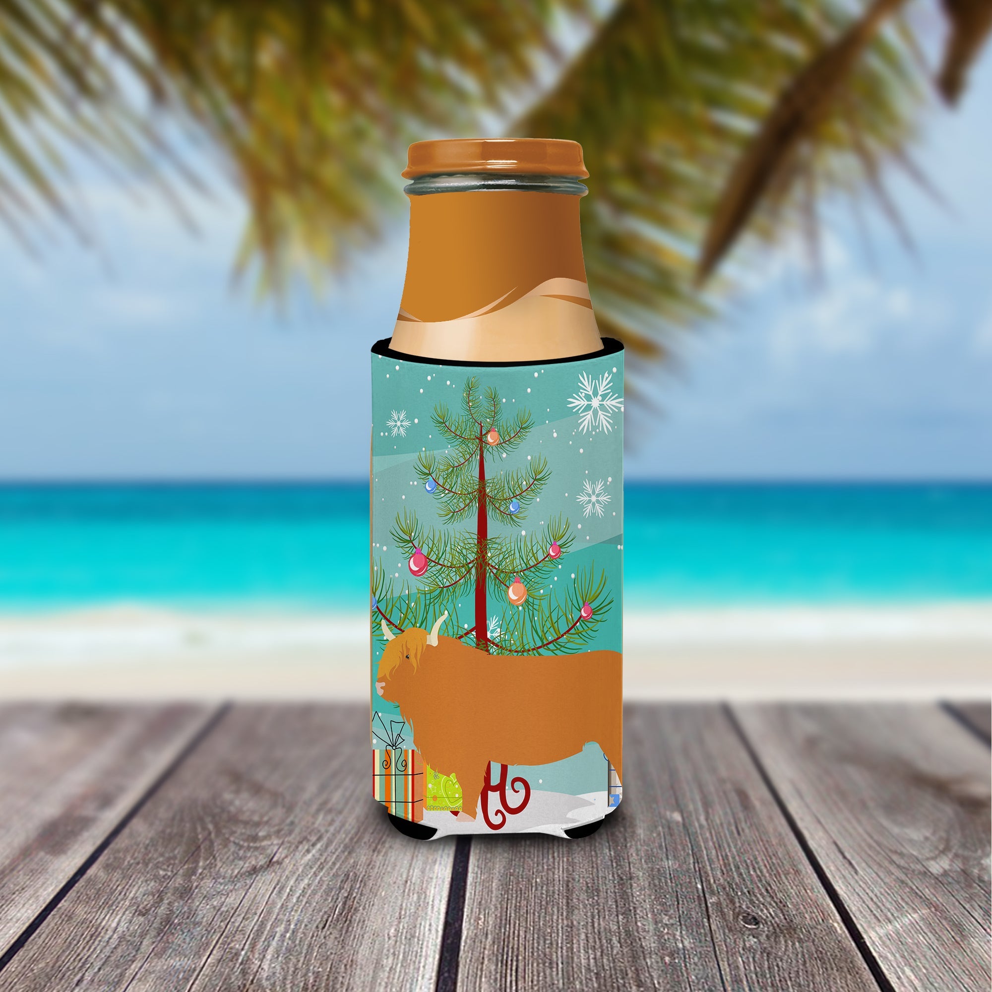 Highland Cow Christmas Slim Can Hugger , Insulated Foam Hugger for 12 oz Slim Cans, Beer Bottles & Water Bottles, Printed in USA