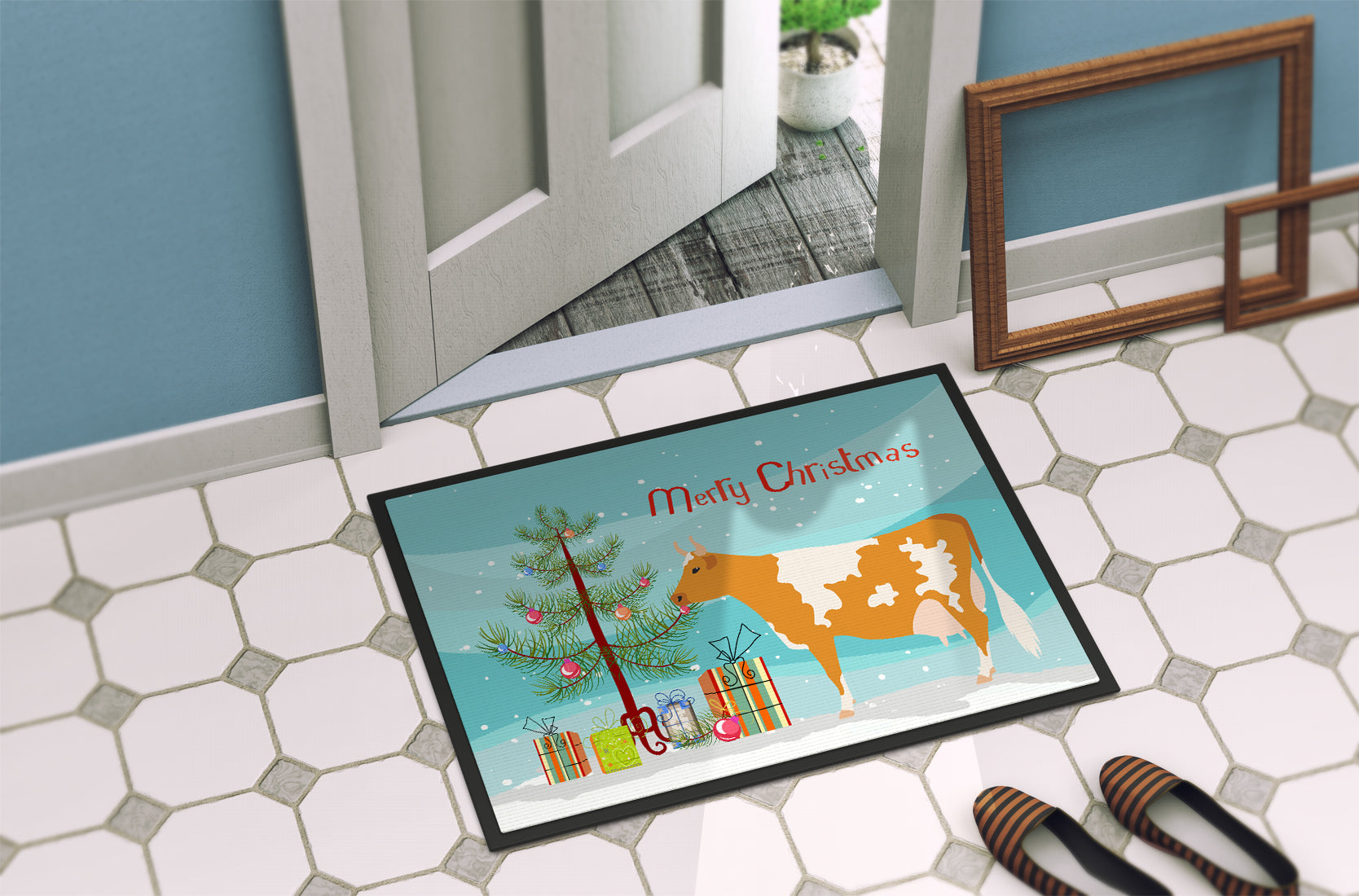 Guernsey Cow Christmas Doormat Indoor Outdoor 24H X 36W Front Door Mat Rugs for Entryway, Non Slip Washable Low Pile,