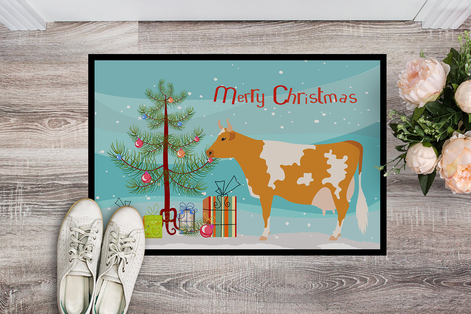 Guernsey Cow Christmas Doormat Indoor Outdoor 18H X 27W Front Door Mat Rugs for Entryway, Non Slip Washable