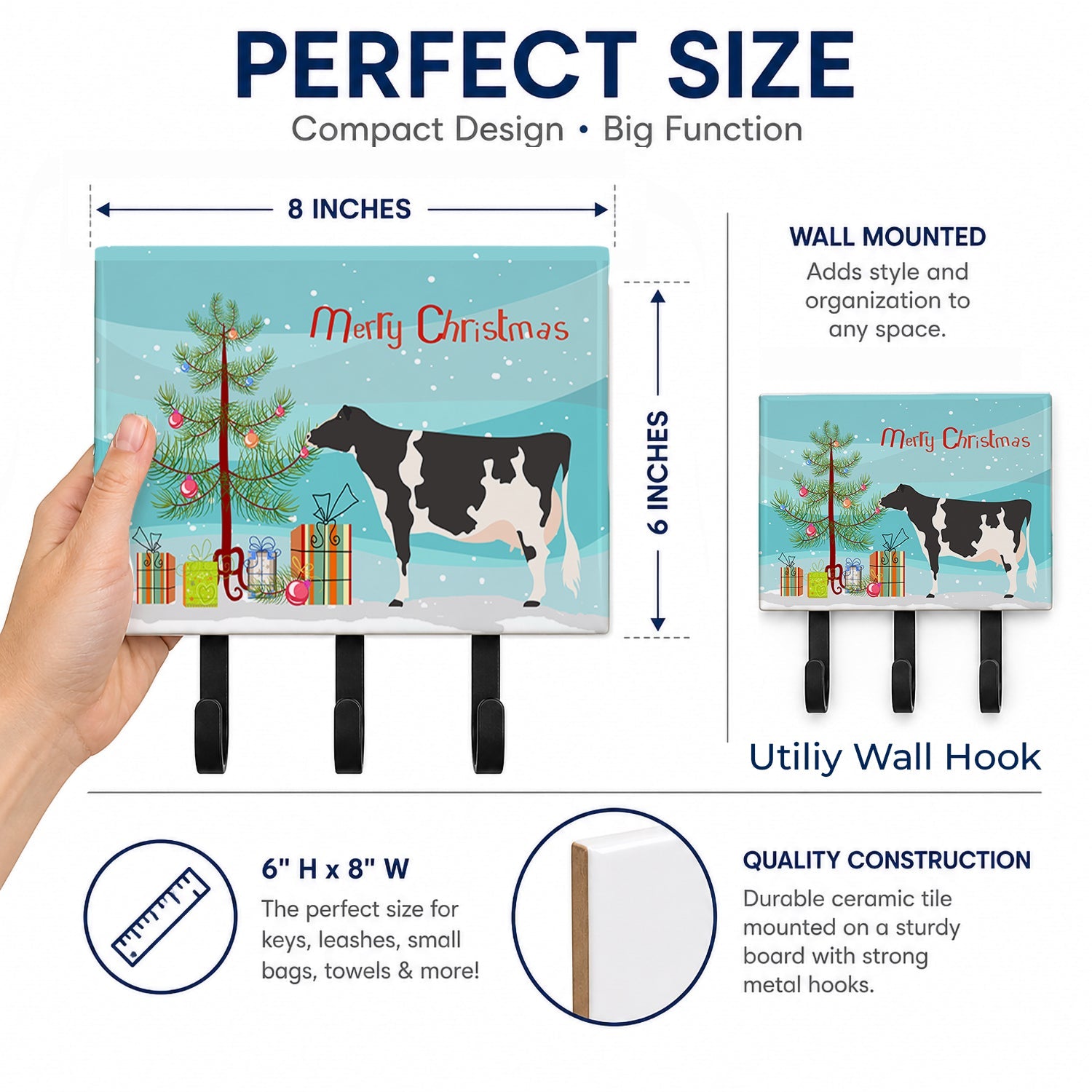 Holstein Cow Christmas Leash or Key Holder Wall Hooks, Coat Rack Wall Mount, for Hanging Keys, Towels, Aprons, Leashes