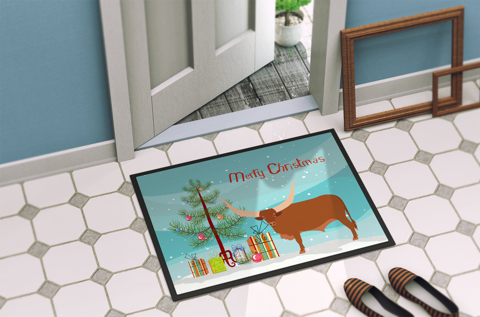 Ankole-Watusu Cow Christmas Doormat Indoor Outdoor 18H X 27W Front Door Mat Rugs for Entryway, Non Slip Washable