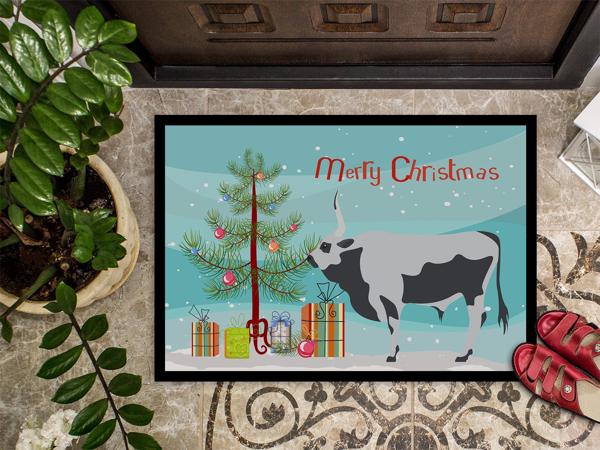 Hungarian Grey Steppe Cow Christmas Doormat Indoor Outdoor 24H X 36W Front Door Mat Rugs for Entryway, Non Slip Washable Low Pile,