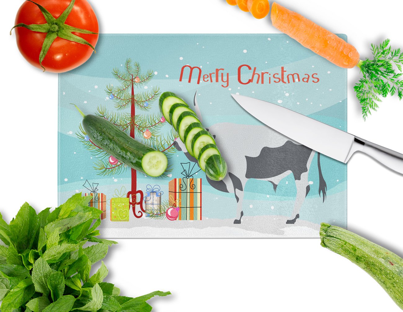Hungarian Grey Steppe Cow Christmas Cutting Board Tempered Glass Kitchen Cutting Surface, Heat Resistant Chopping, Non-Slip Feet, Food Prep & Serving