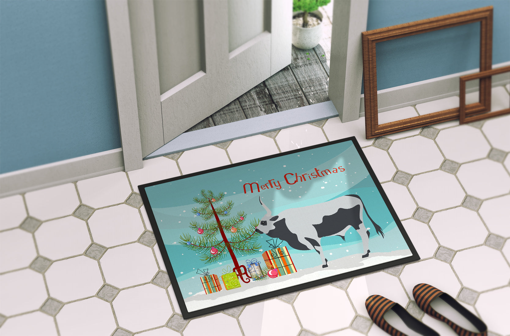 Hungarian Grey Steppe Cow Christmas Doormat Indoor Outdoor 18H X 27W Front Door Mat Rugs for Entryway, Non Slip Washable