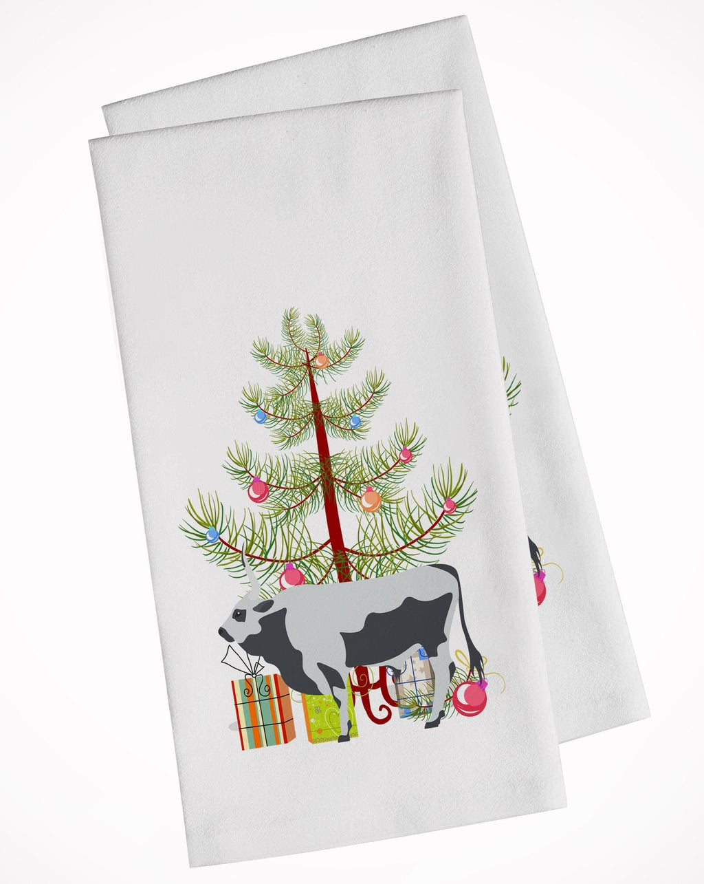 Hungarian Grey Steppe Cow Christmas Kitchen Towel Set of 2 White Dish Towels Decorative Bathroom Hand towel for Hand, Face, Hair, Yoga, Tea, Dishcloth, 19 X 28", White