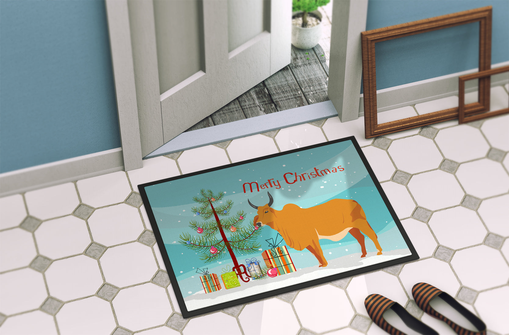 Zebu Indicine Cow Christmas Doormat Indoor Outdoor 24H X 36W Front Door Mat Rugs for Entryway, Non Slip Washable Low Pile,