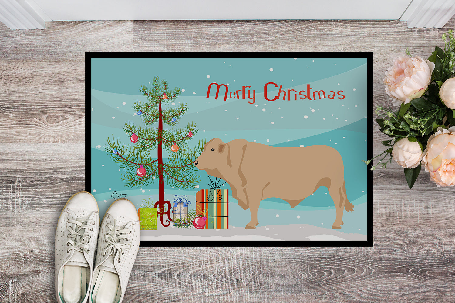 Charolais Cow Christmas Doormat Indoor Outdoor 24H X 36W Front Door Mat Rugs for Entryway, Non Slip Washable Low Pile,