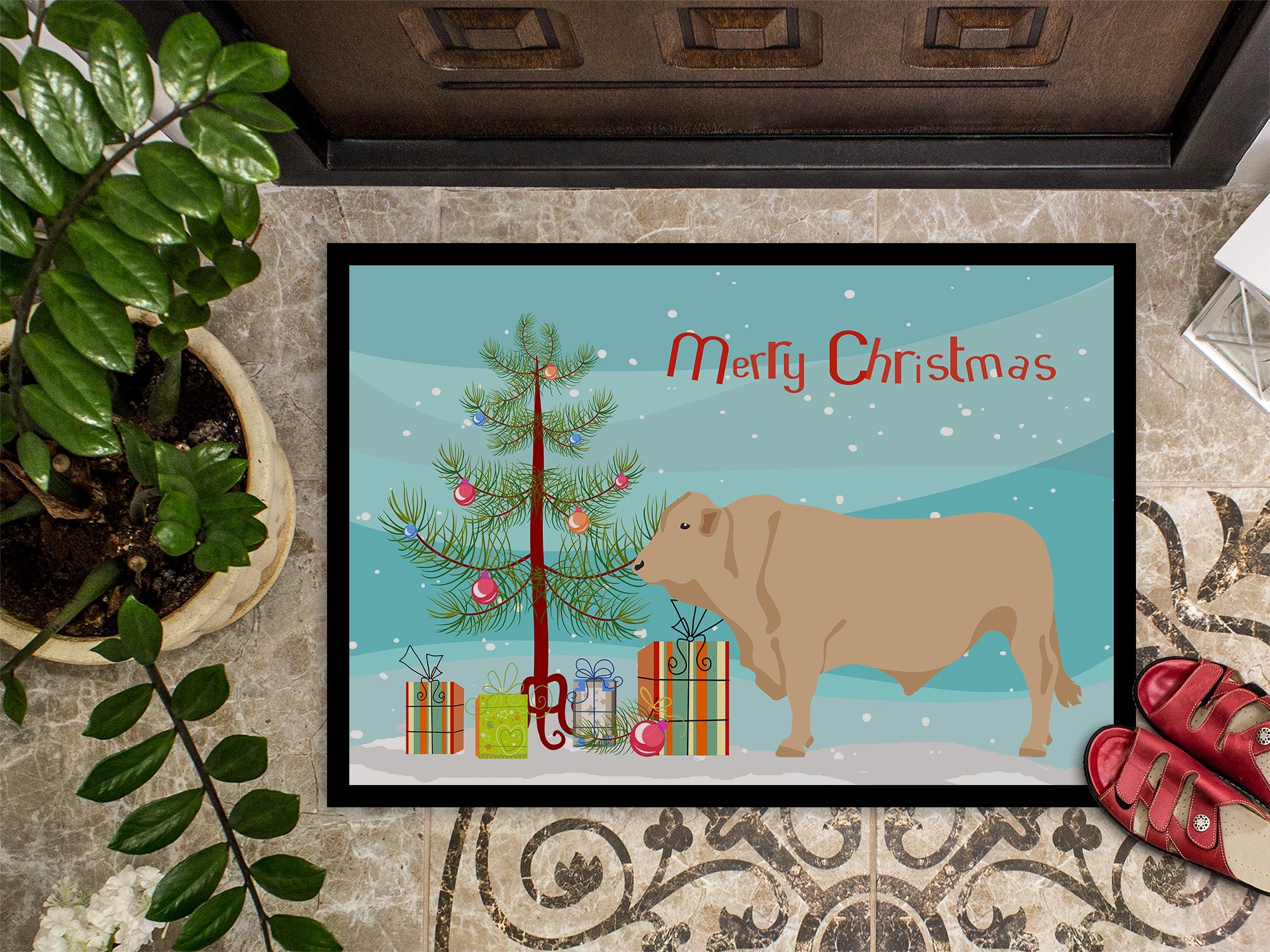 Charolais Cow Christmas Doormat Indoor Outdoor 24H X 36W Front Door Mat Rugs for Entryway, Non Slip Washable Low Pile,