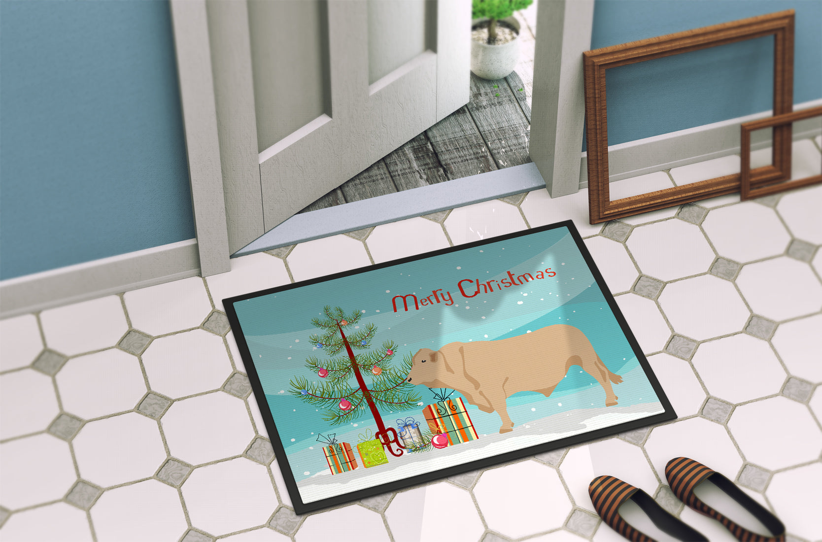 Charolais Cow Christmas Doormat Indoor Outdoor 24H X 36W Front Door Mat Rugs for Entryway, Non Slip Washable Low Pile,