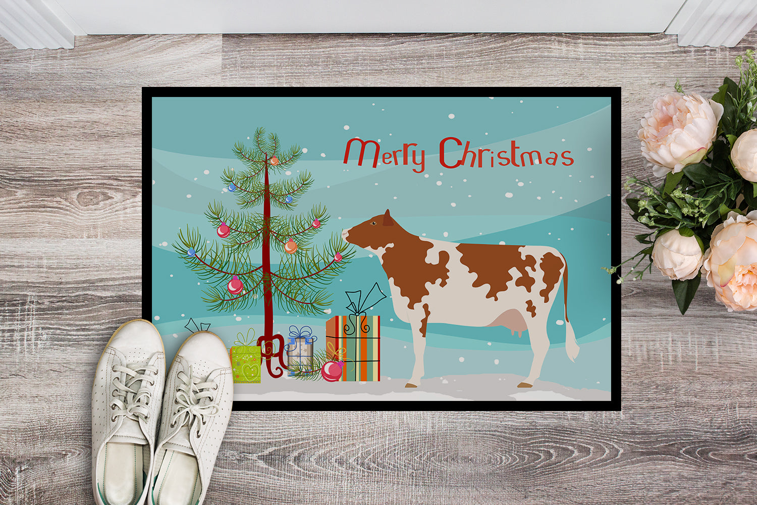 Ayrshire Cow Christmas Doormat Indoor Outdoor 24H X 36W Front Door Mat Rugs for Entryway, Non Slip Washable Low Pile,