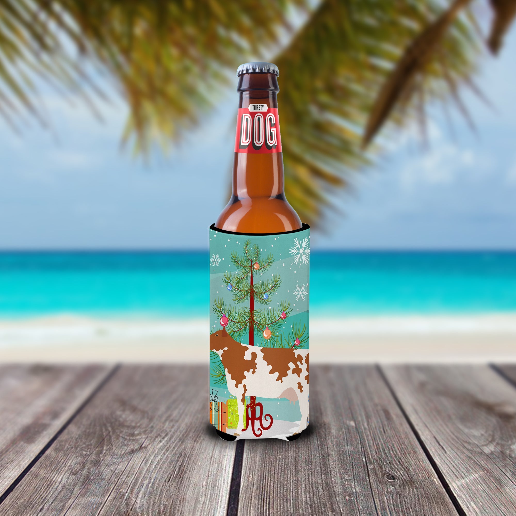 Ayrshire Cow Christmas Slim Can Hugger , Insulated Foam Hugger for 12 oz Slim Cans, Beer Bottles & Water Bottles, Printed in USA