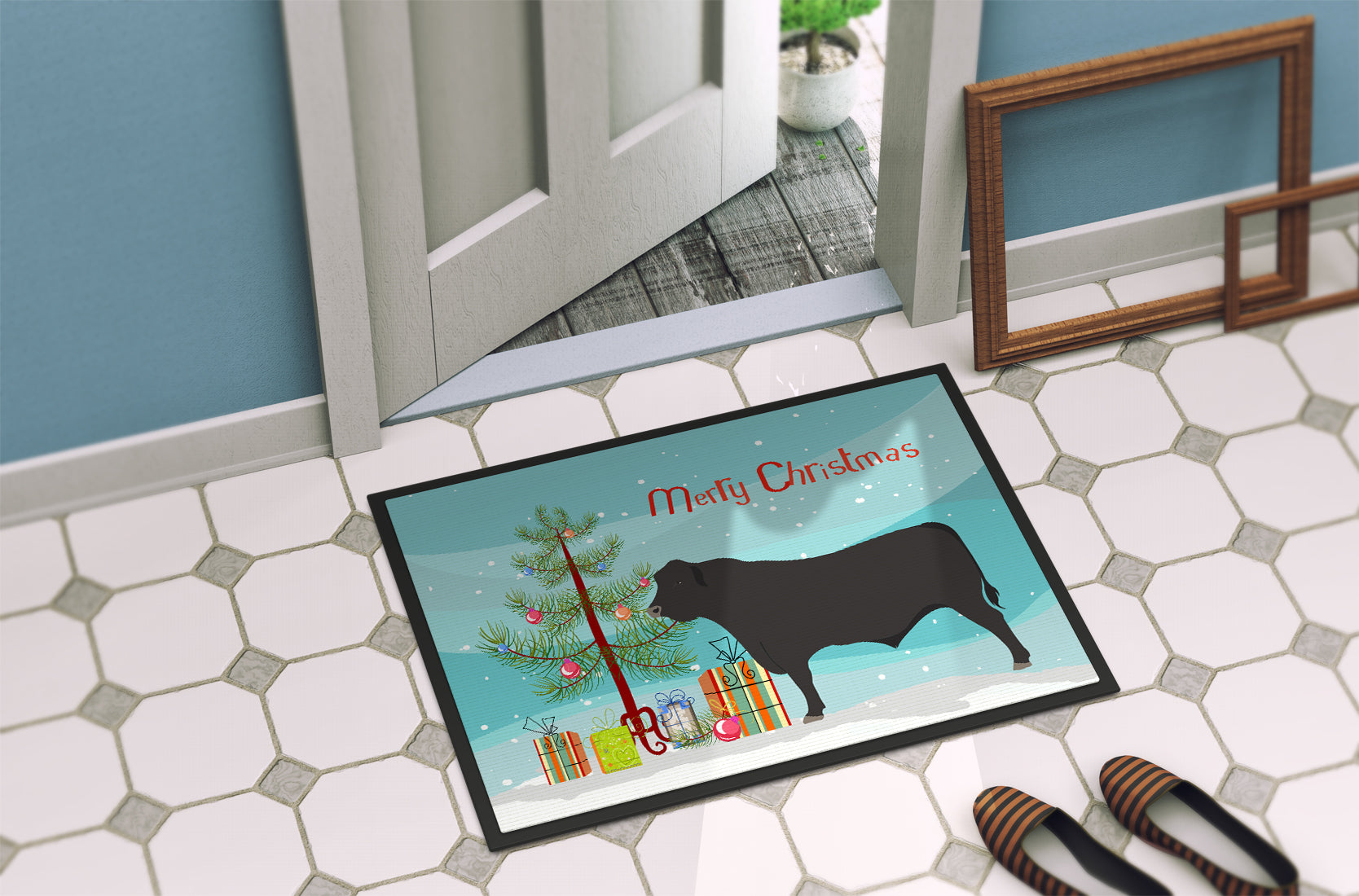 Black Angus Cow Christmas Doormat Indoor Outdoor 18H X 27W Front Door Mat Rugs for Entryway, Non Slip Washable