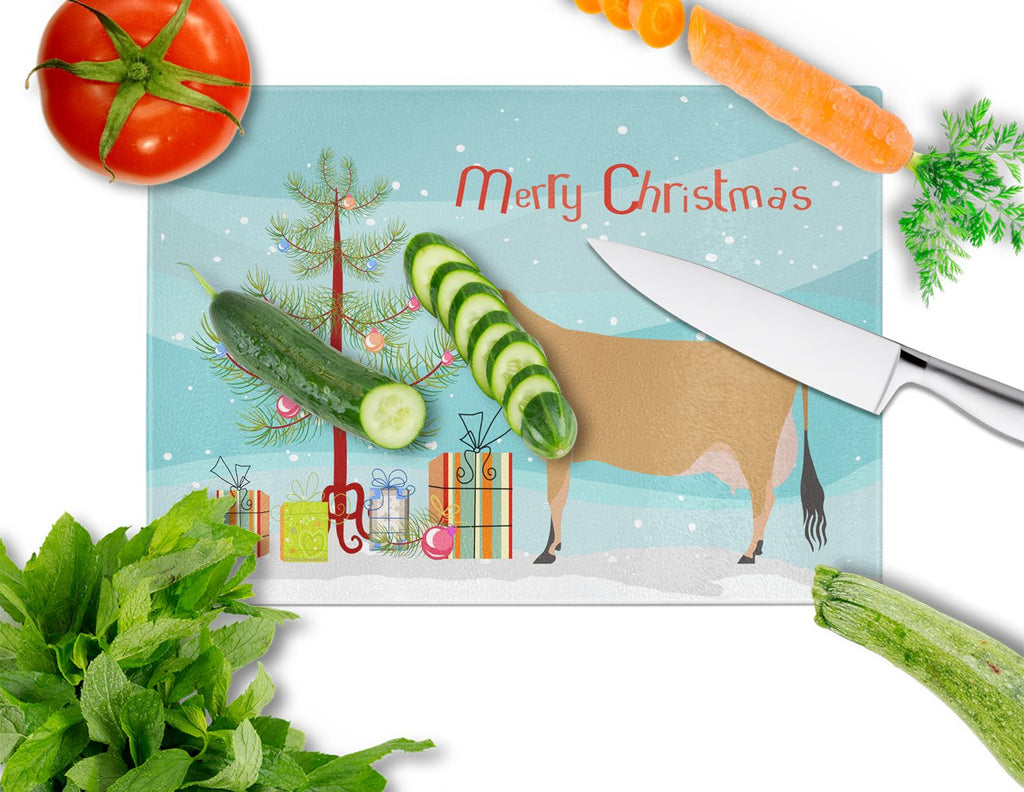 Jersey Cow Christmas Cutting Board Tempered Glass Kitchen Cutting Surface, Heat Resistant Chopping, Non-Slip Feet, Food Prep & Serving