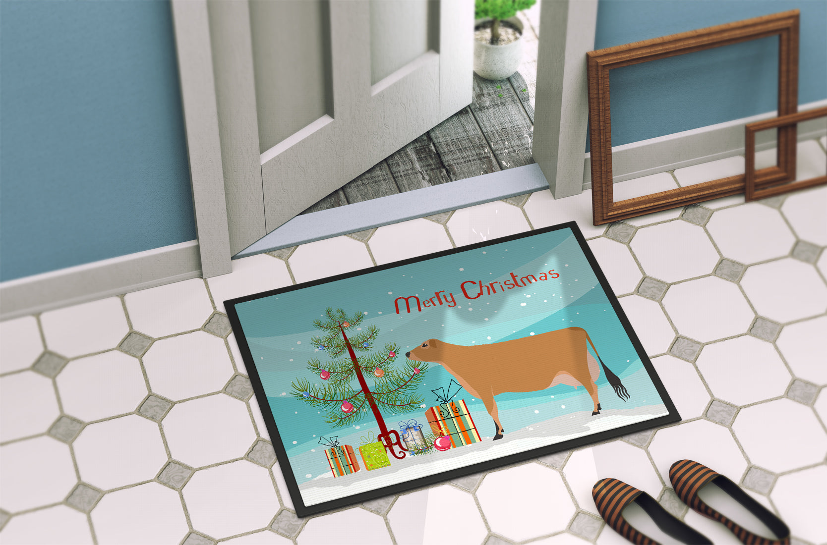 Jersey Cow Christmas Doormat Indoor Outdoor 18H X 27W Front Door Mat Rugs for Entryway, Non Slip Washable