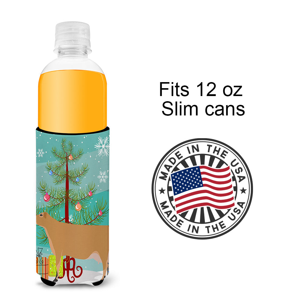 Jersey Cow Christmas Slim Can Hugger , Insulated Foam Hugger for 12 oz Slim Cans, Beer Bottles & Water Bottles, Printed in USA