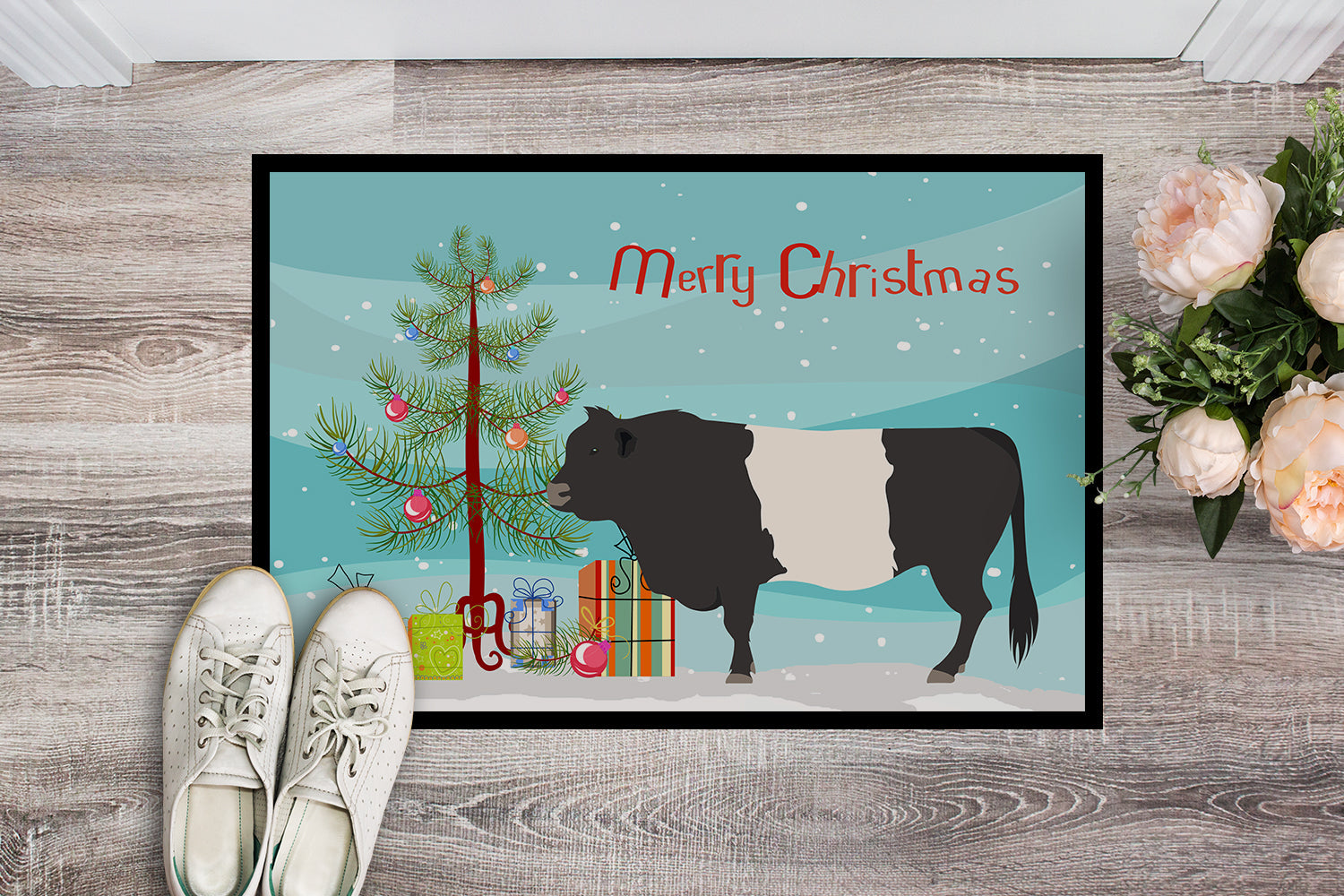 Belted Galloway Cow Christmas Doormat Indoor Outdoor 24H X 36W Front Door Mat Rugs for Entryway, Non Slip Washable Low Pile,