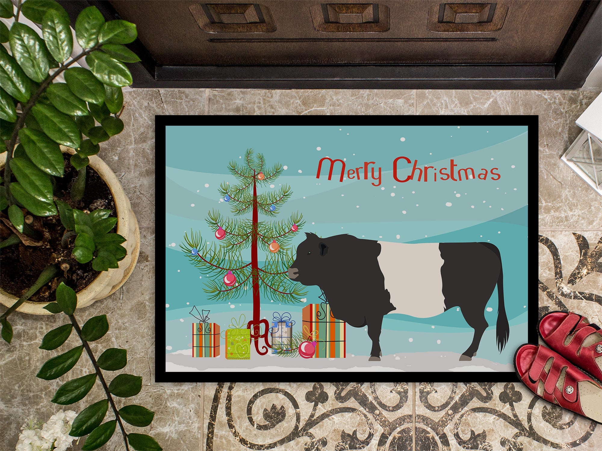 Belted Galloway Cow Christmas Doormat Indoor Outdoor 24H X 36W Front Door Mat Rugs for Entryway, Non Slip Washable Low Pile,