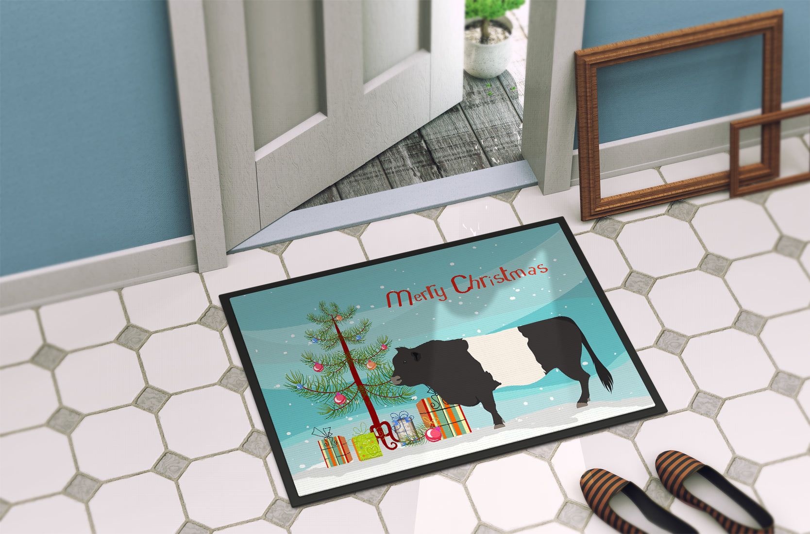 Belted Galloway Cow Christmas Doormat Indoor Outdoor 18H X 27W Front Door Mat Rugs for Entryway, Non Slip Washable