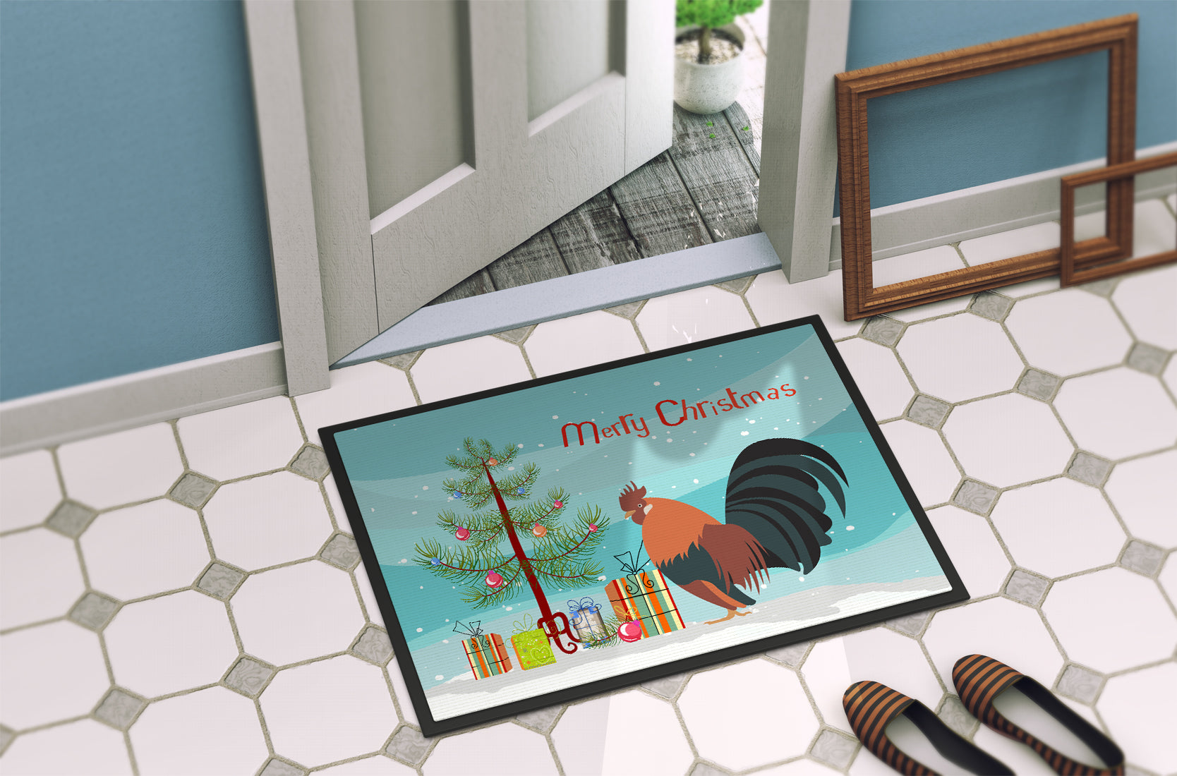 Dutch Bantam Chicken Christmas Doormat Indoor Outdoor 18H X 27W Front Door Mat Rugs for Entryway, Non Slip Washable