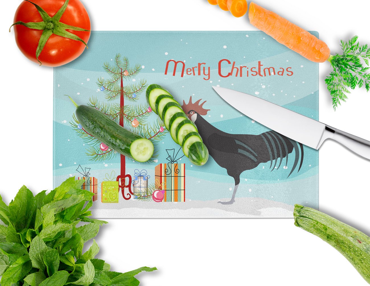 Minorca Ctalalan Chicken Christmas Cutting Board Tempered Glass Kitchen Cutting Surface, Heat Resistant Chopping, Non-Slip Feet, Food Prep & Serving