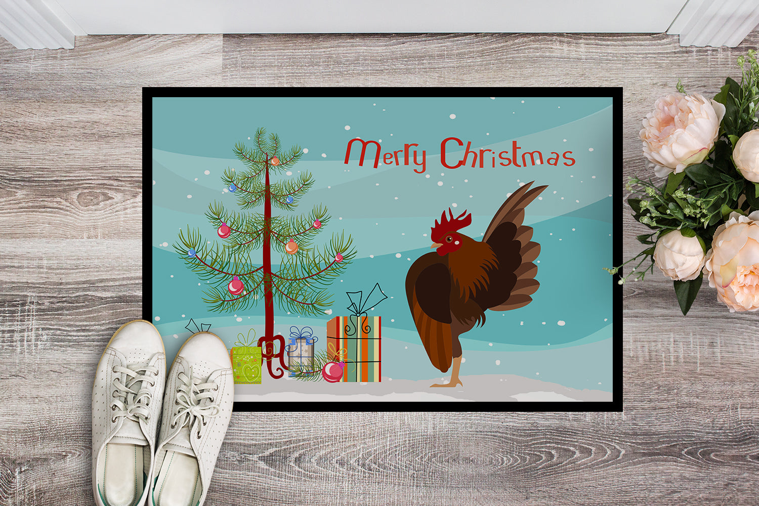 Malaysian Serama Chicken Christmas Doormat Indoor Outdoor 24H X 36W Front Door Mat Rugs for Entryway, Non Slip Washable Low Pile,