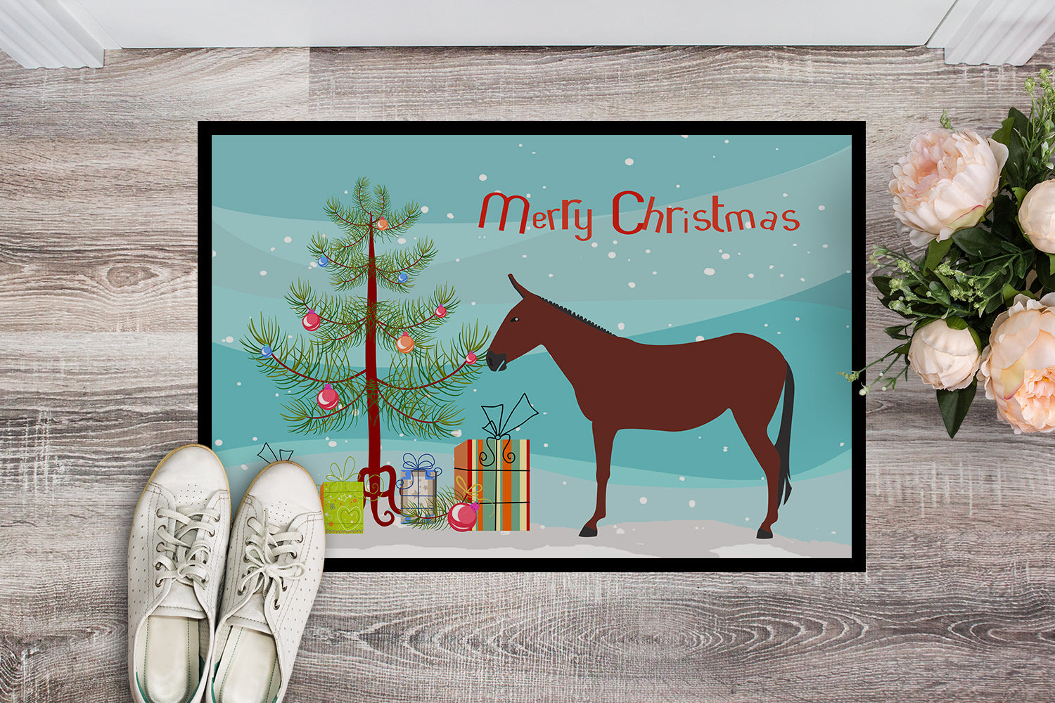 Hinny Horse Donkey Christmas Doormat Indoor Outdoor 18H X 27W Front Door Mat Rugs for Entryway, Non Slip Washable
