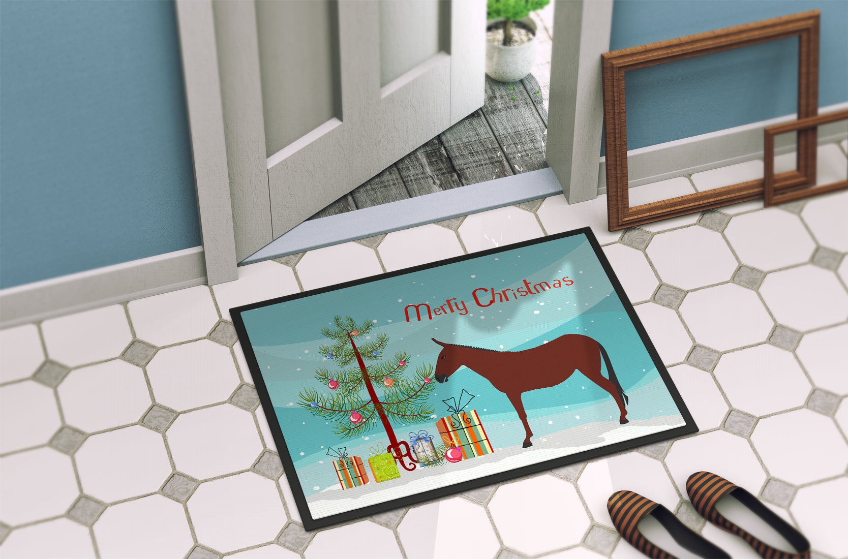 Hinny Horse Donkey Christmas Doormat Indoor Outdoor 18H X 27W Front Door Mat Rugs for Entryway, Non Slip Washable
