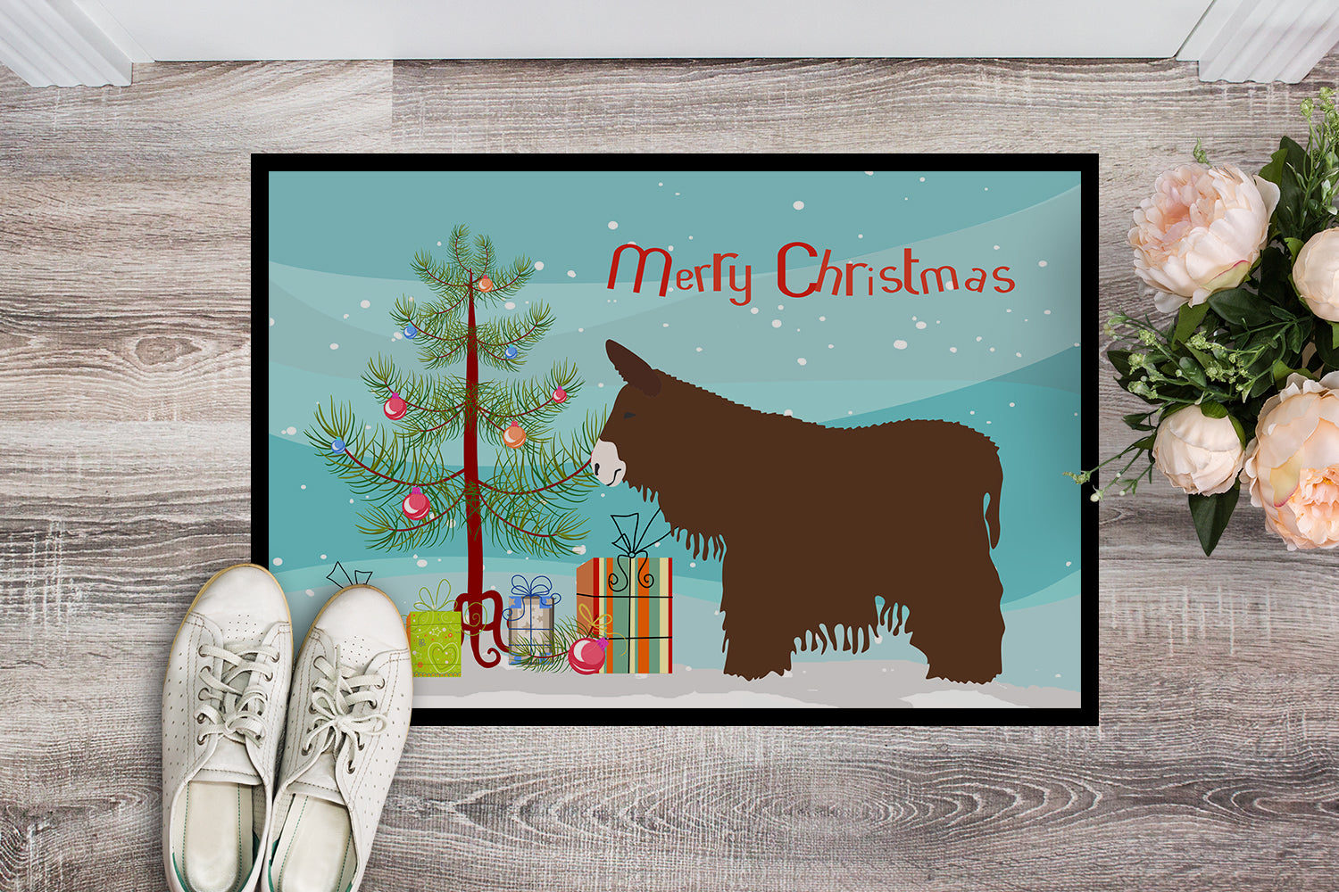 Poitou Poiteuin Donkey Christmas Doormat Indoor Outdoor 18H X 27W Front Door Mat Rugs for Entryway, Non Slip Washable