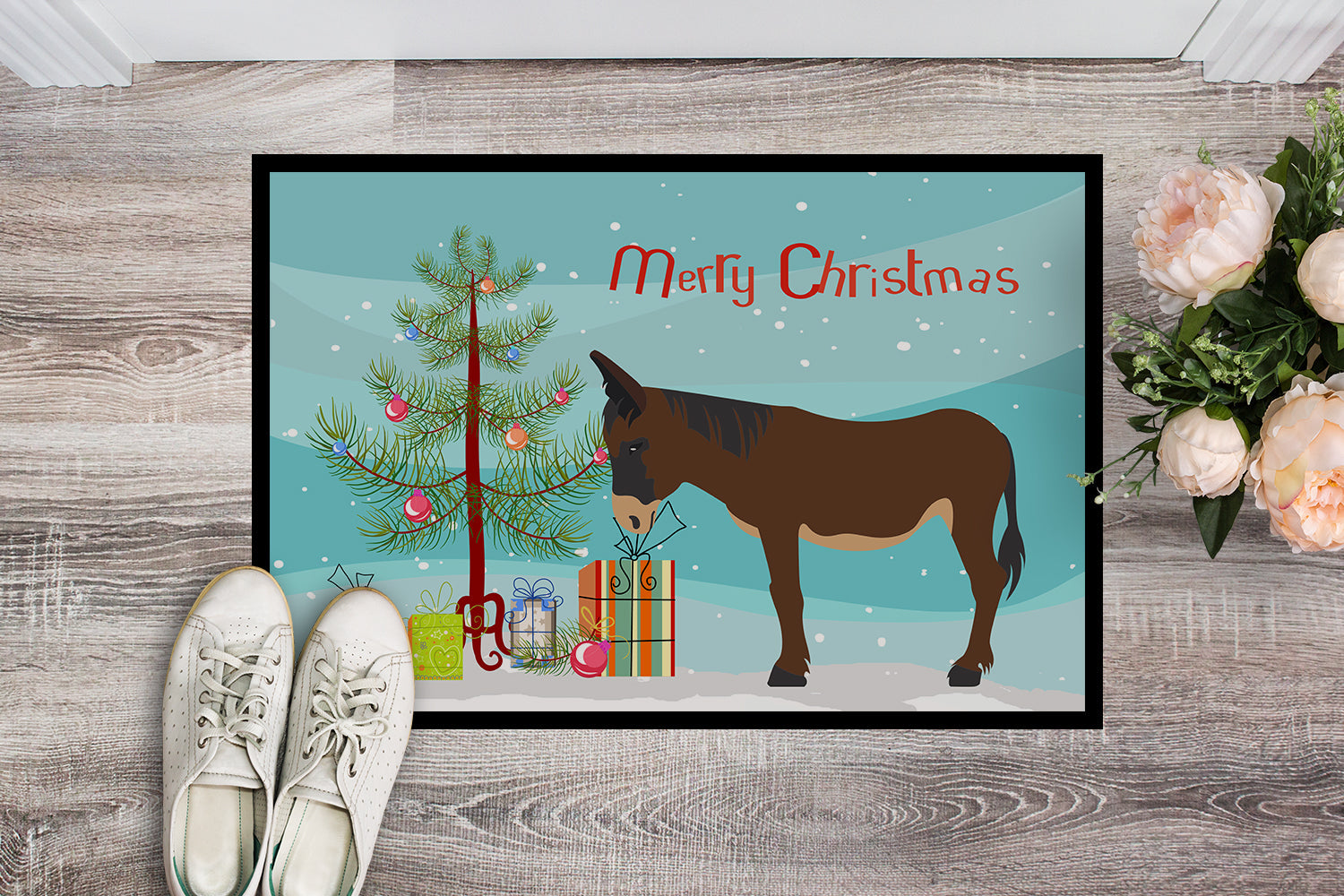 Zamorano-Leones Donkey Christmas Doormat Indoor Outdoor 18H X 27W Front Door Mat Rugs for Entryway, Non Slip Washable