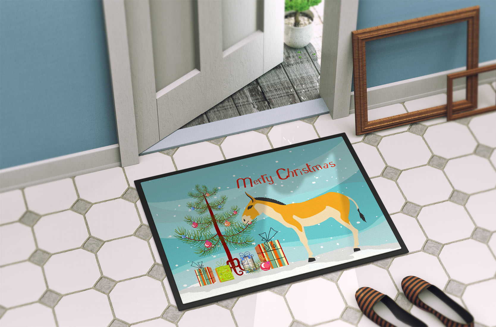Turkmenian Kulan Donkey Christmas Doormat Indoor Outdoor 18H X 27W Front Door Mat Rugs for Entryway, Non Slip Washable