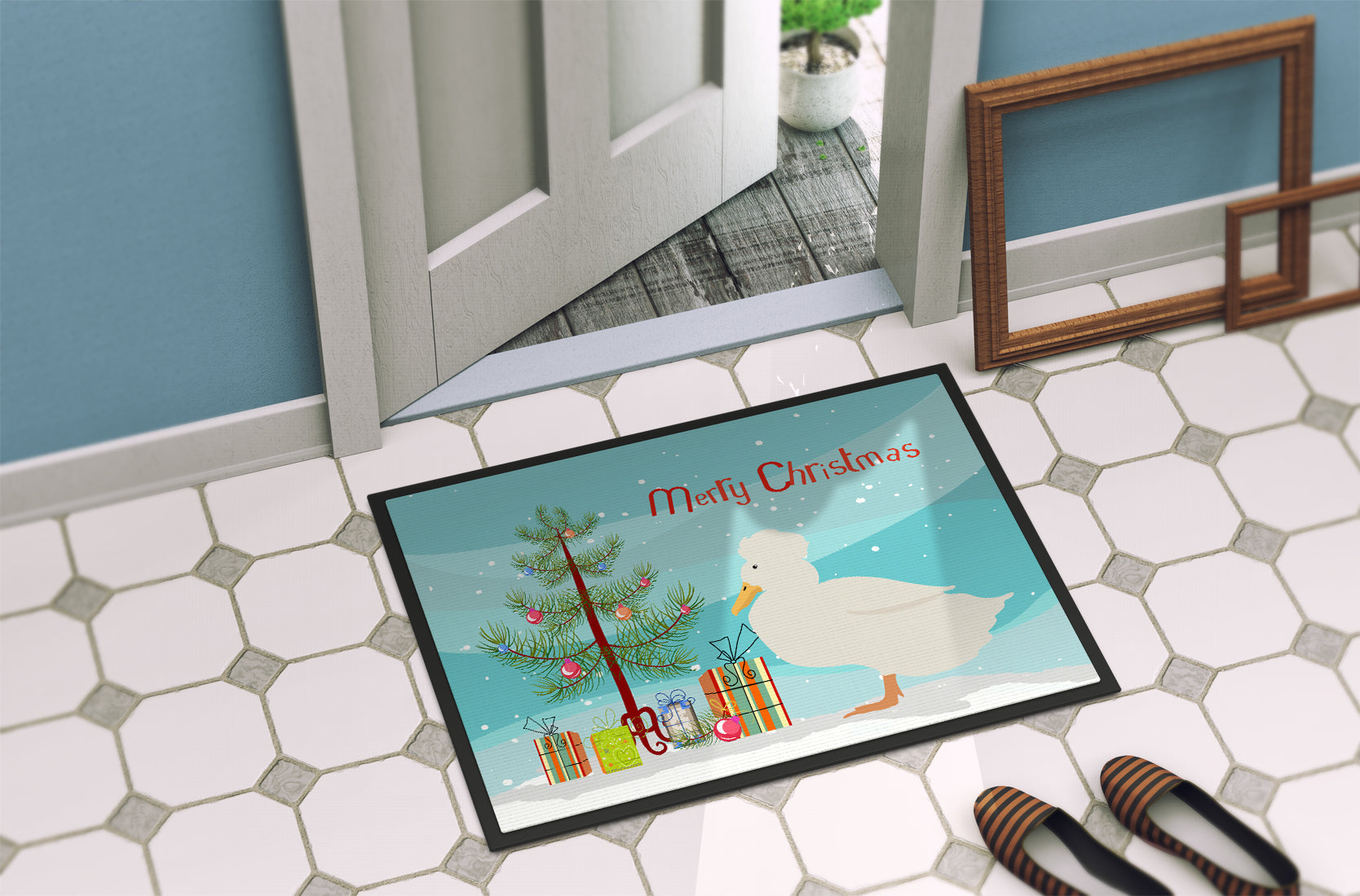 Crested Duck Christmas Doormat Indoor Outdoor 18H X 27W Front Door Mat Rugs for Entryway, Non Slip Washable