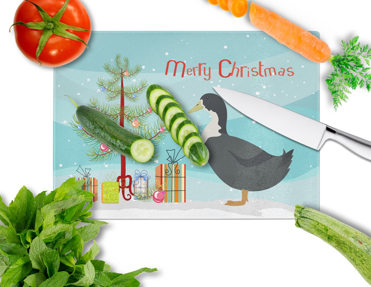 Blue Swedish Duck Christmas Cutting Board Tempered Glass Kitchen Cutting Surface, Heat Resistant Chopping, Non-Slip Feet, Food Prep & Serving