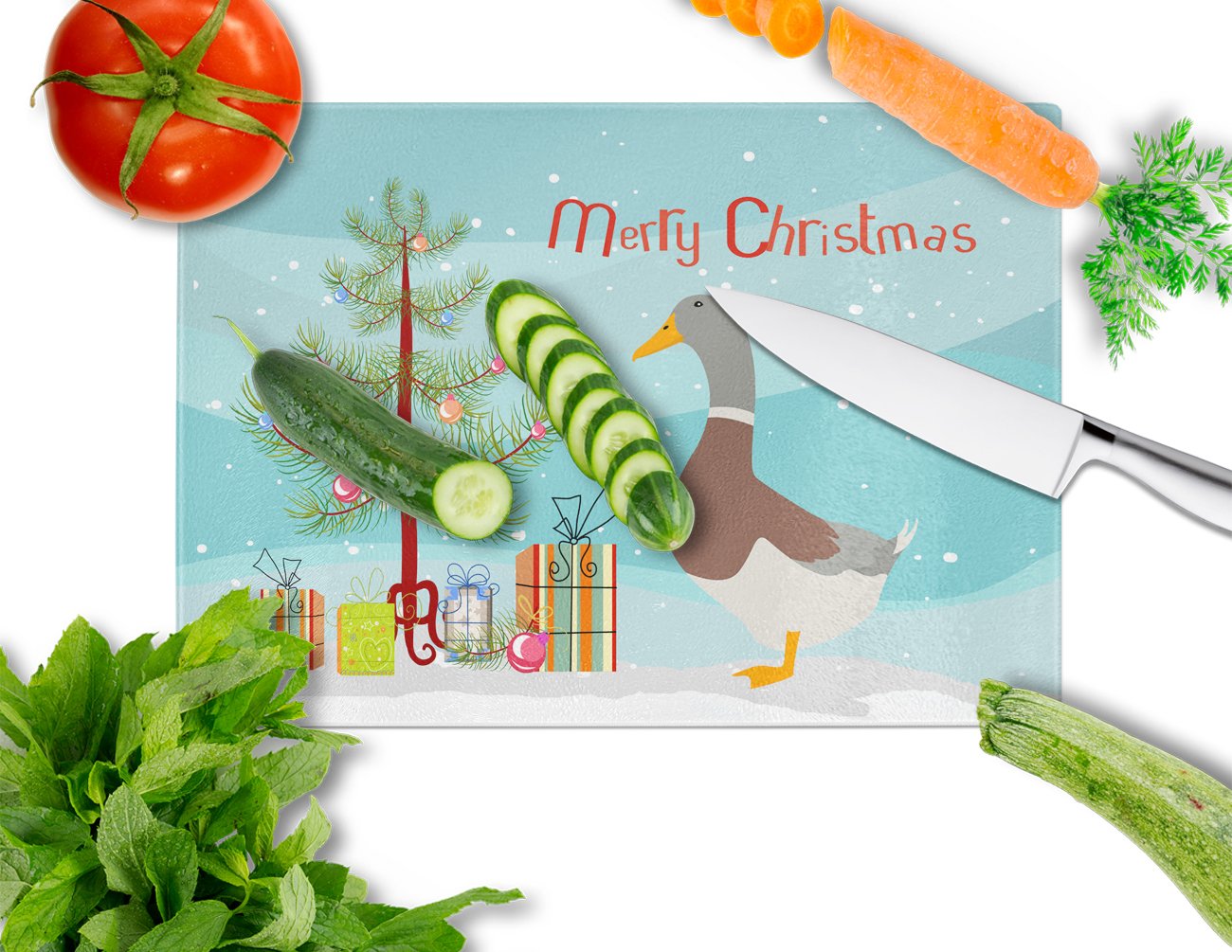 Saxony Sachsenente Duck Christmas Cutting Board Tempered Glass Kitchen Cutting Surface, Heat Resistant Chopping, Non-Slip Feet, Food Prep & Serving
