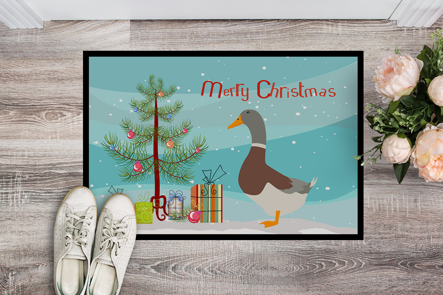 Saxony Sachsenente Duck Christmas Doormat Indoor Outdoor 18H X 27W Front Door Mat Rugs for Entryway, Non Slip Washable