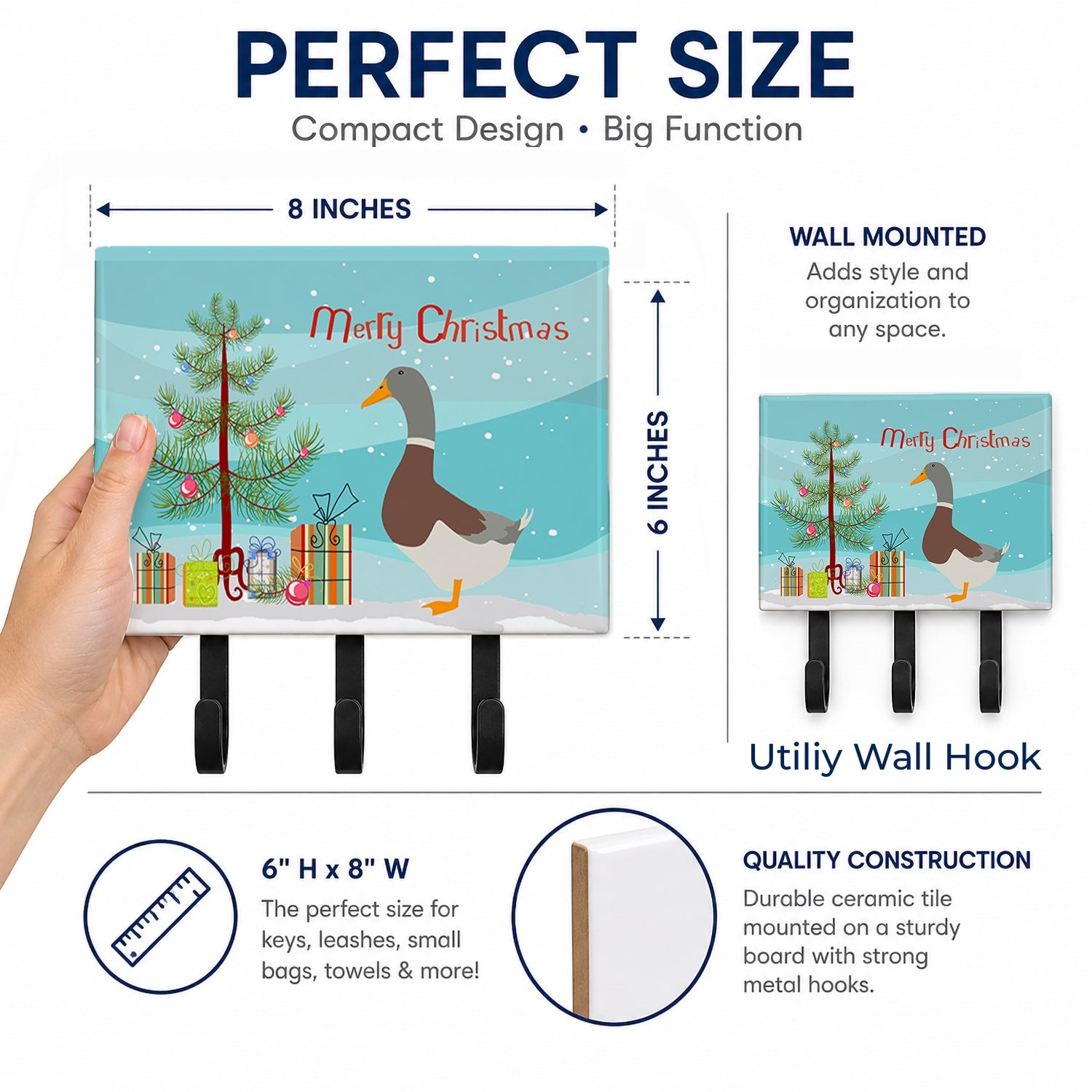 Saxony Sachsenente Duck Christmas Leash or Key Holder Wall Hooks, Coat Rack Wall Mount, for Hanging Keys, Towels, Aprons, Leashes