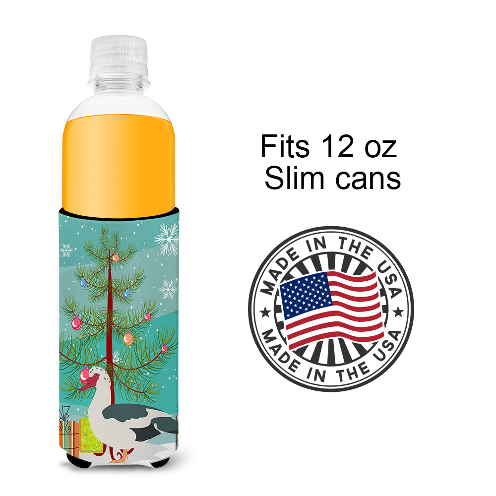 Muscovy Duck Christmas Slim Can Hugger , Insulated Foam Hugger for 12 oz Slim Cans, Beer Bottles & Water Bottles, Printed in USA