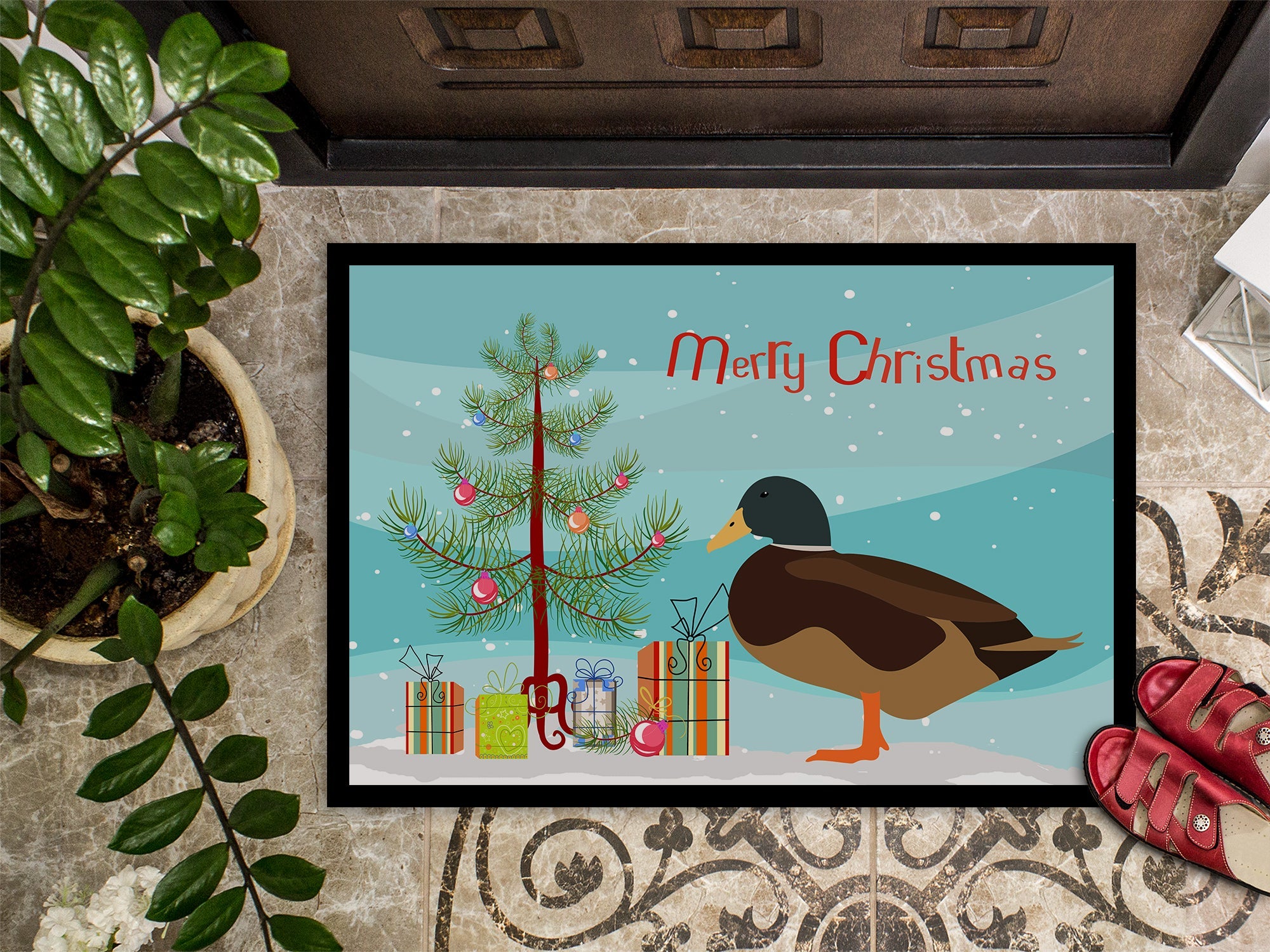 Silver Bantam Duck Christmas Doormat Indoor Outdoor 24H X 36W Front Door Mat Rugs for Entryway, Non Slip Washable Low Pile,