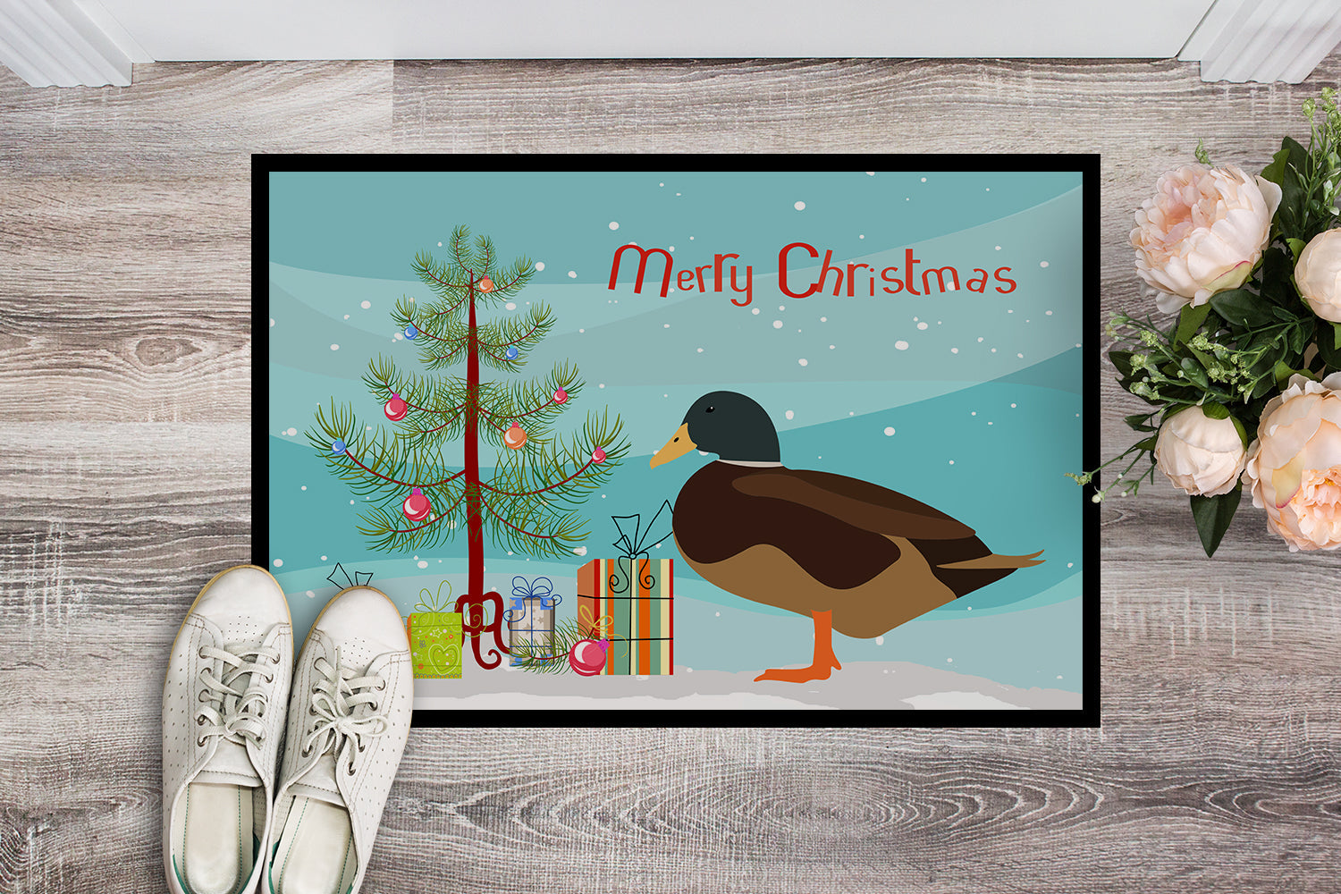 Silver Bantam Duck Christmas Doormat Indoor Outdoor 18H X 27W Front Door Mat Rugs for Entryway, Non Slip Washable