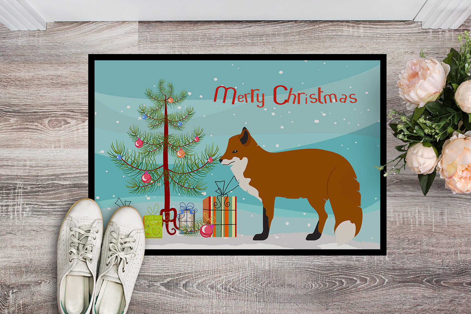 Red Fox Christmas Doormat Indoor Outdoor 24H X 36W Front Door Mat Rugs for Entryway, Non Slip Washable Low Pile,