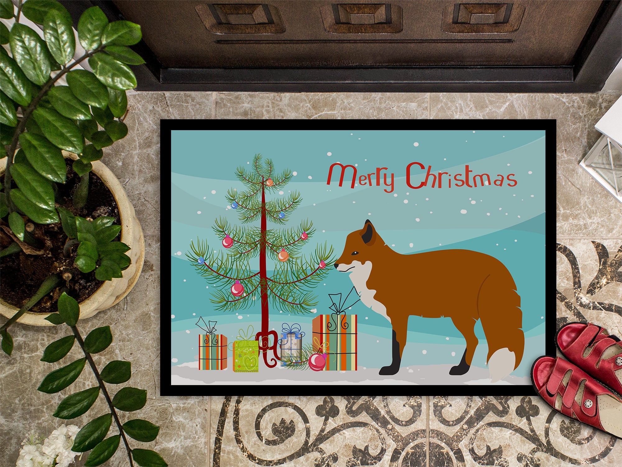 Red Fox Christmas Doormat Indoor Outdoor 24H X 36W Front Door Mat Rugs for Entryway, Non Slip Washable Low Pile,