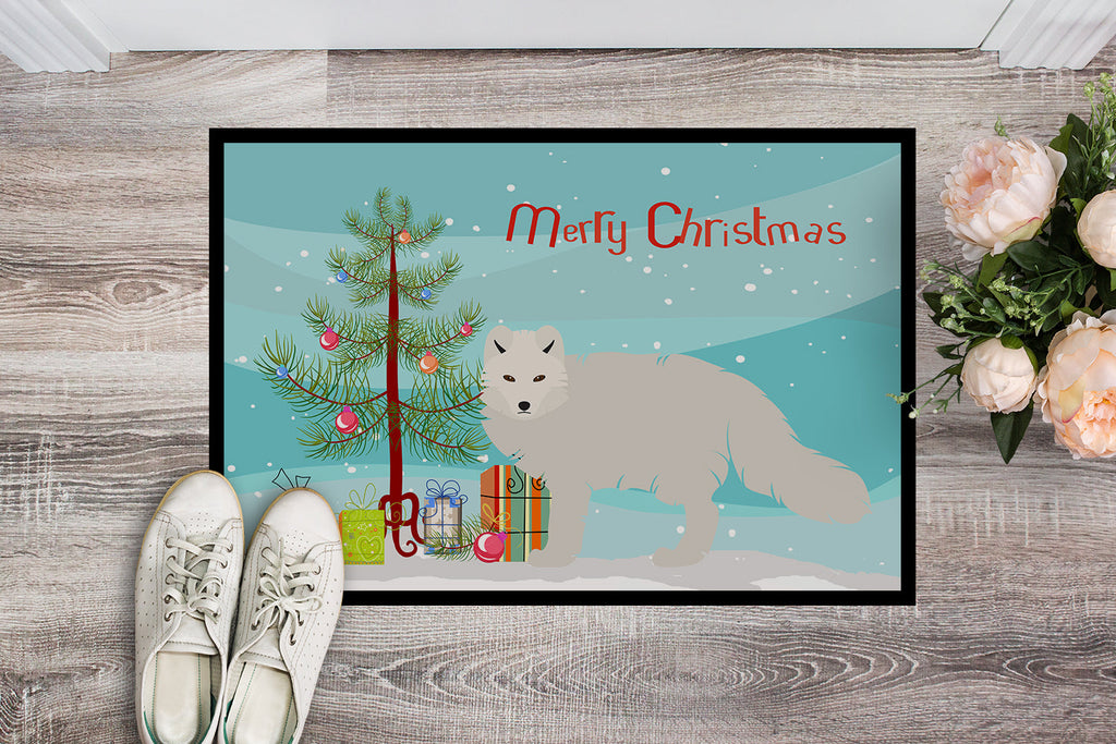 White Arctic Fox Christmas Doormat Indoor Outdoor 24H X 36W Front Door Mat Rugs for Entryway, Non Slip Washable Low Pile,