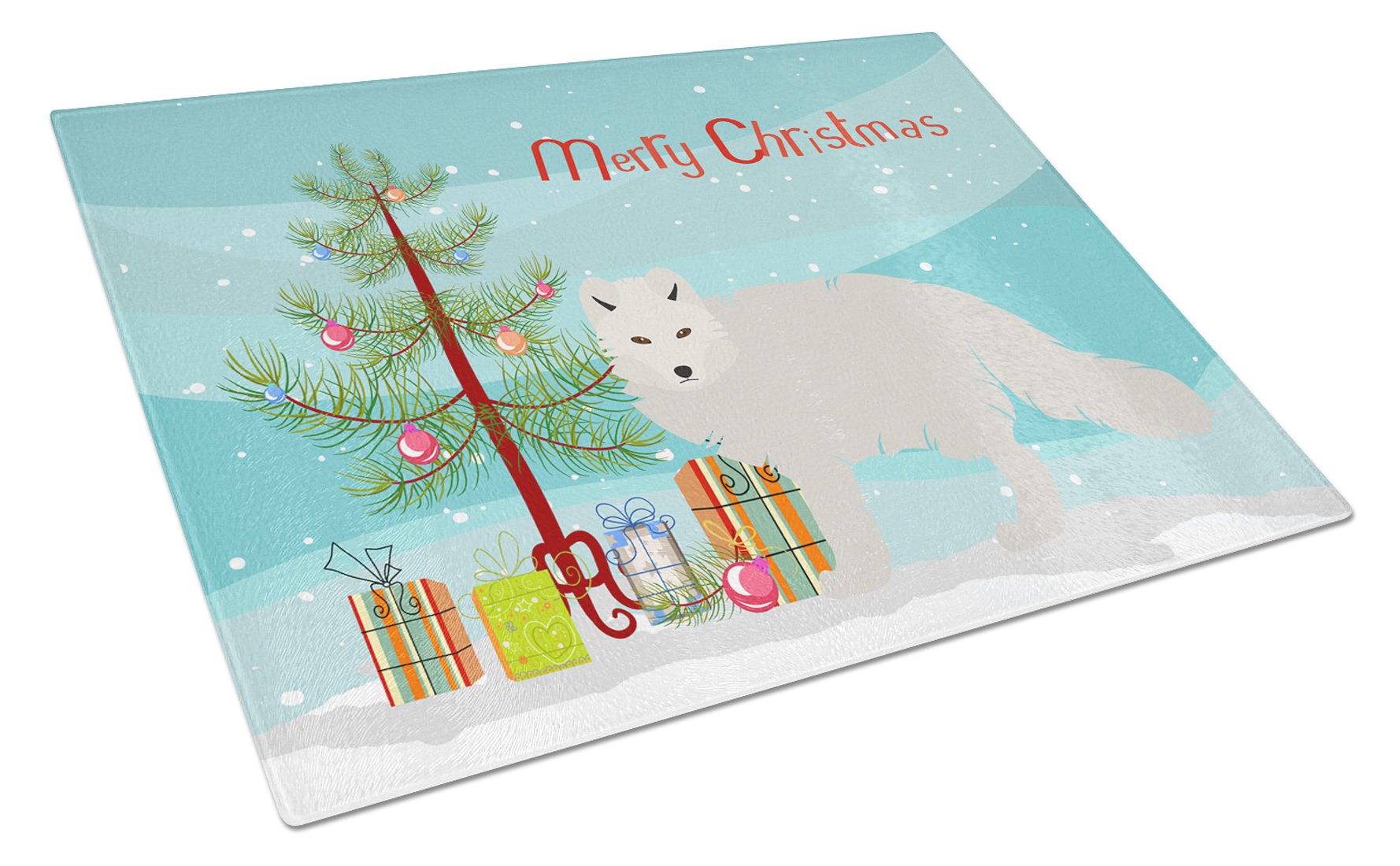 White Arctic Fox Christmas Cutting Board Tempered Glass Kitchen Cutting Surface, Heat Resistant Chopping, Non-Slip Feet, Food Prep & Serving