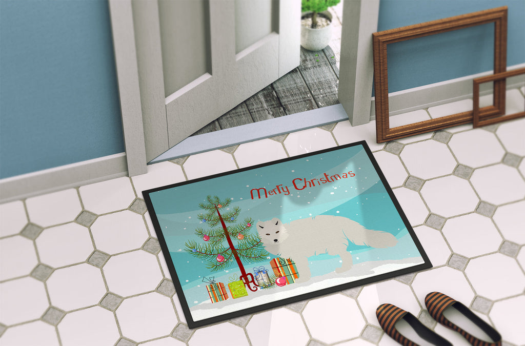 White Arctic Fox Christmas Doormat Indoor Outdoor 18H X 27W Front Door Mat Rugs for Entryway, Non Slip Washable