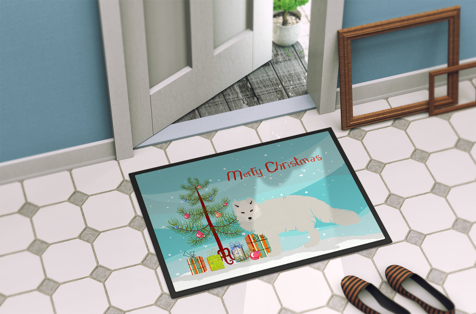 White Arctic Fox Christmas Doormat Indoor Outdoor 18H X 27W Front Door Mat Rugs for Entryway, Non Slip Washable